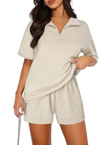 Aottori Damen Trainingsanzug Baumwolle Jogginganzug Kurz V-Ausschnitt Sportanzug Halber Reißverschluss Freizeitanzug Zweiteiler Hausanzug Sommer Sweatshirt Kurzarm und Sporthose mit Taschen Khaki XL von Aottori