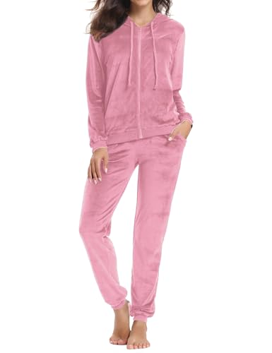 Aottori Damen Trainingsanzug Hausanzug Set Velours Sportanzug Freizeitanzug Jogginganzug Trainingsanzug 2 Teilig Oberteil und Hose Set Rosa XL von Aottori