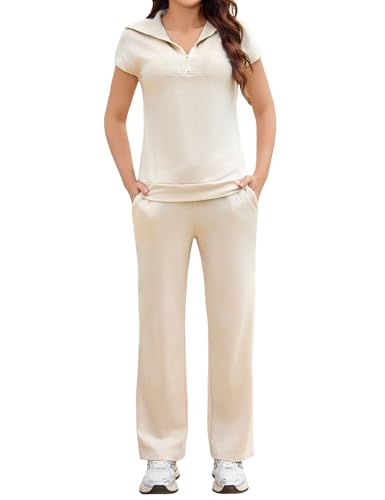 Aottori Jogginganzug Damen Set Zweiteiler Sommer Outfits Hausanzug Tracksuit Kurzarm 2 teiler Freizeitanzug Trainingsanzug Sport Lounge Set Elegant Loungewear Homewear Aprikose L von Aottori