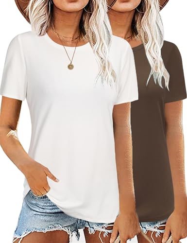 Aottori Damen Tshirt Kurzarm Rundhals Oberteil Sommer Basic Shirt Weiß+Braun L von Aottori