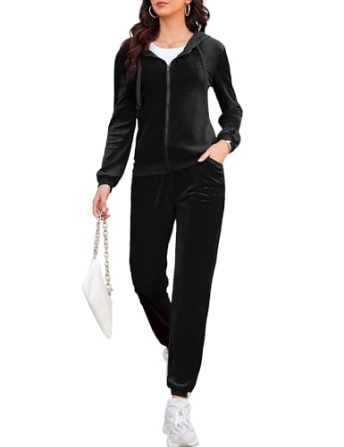 Aottori Damen Velours Sportanzug Traingsanzug Jogginganzug Frauen 2 Teilig Freizeitanzug Zipper Top Lange Hose Sportswear 2 Stück Bekleidungsset Sport Set Schwarz M von Aottori