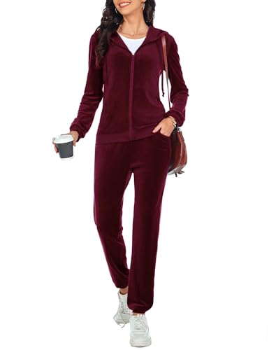 Aottori Damen Velours Sportanzug Traingsanzug Jogginganzug Frauen 2 Teilig Freizeitanzug Zipper Top Lange Hose Sportswear 2 Stück Bekleidungsset Sport Set Weinrot XL von Aottori