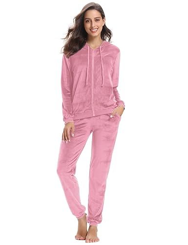 Aottori Zweiteiler Jogginganzug Damen Set Nicki Hausanzug Trainingsanzug Tracksuit Freizeitanzug Sportanzug Damen Anzug Elegant 2 Teilig Lounge Set Sportbekleidung für Frühling Herbst Winter Rosa XL von Aottori