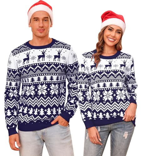 Aottori Damen Weihnachtspullover Hässlicher Weihnachtspulli Langen Ärmeln Christmas Sweater Schneeflocken Elch Stricken mit Rundhalsausschnitt für Weihnachtsparty Navy Blau XL von Aottori