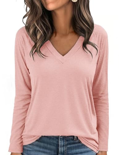 Aottori Dünne Pullover Damen Langarmshirt Baumwolle V-Ausschnitt Elegant Stretch Oberteile Lose T-Shirt Einfarbig Basic Top Frühling Herbst Rosa L von Aottori