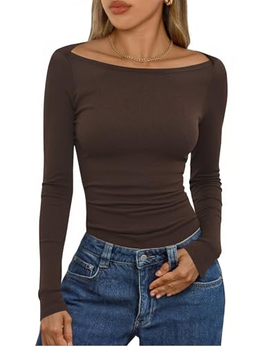 Aottori Dünne Pullover Damen Langarmshirt Baumwolle mit U-Boot-Ausschnitt Gerippt Elegant Stretch Oberteile Slim Fit T-Shirt RIPP Einfarbig Basic Top Braun L von Aottori