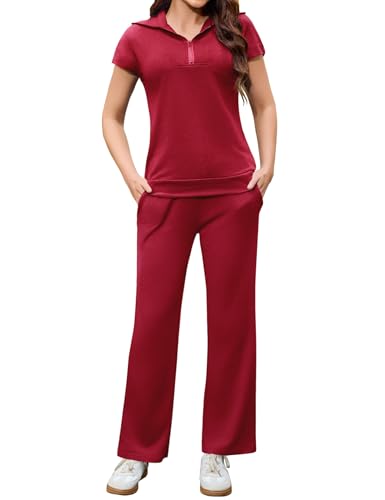 Aottori Freizeitanzug Damen Zweiteiler Hausanzug Sommer Outfits Tracksuit Kurzarm 2 teiler Jogginganzug Trainingsanzug Sport Lounge Set Elegant Loungewear Homewear Rot L von Aottori