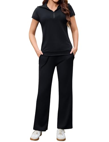 Aottori Freizeitanzug Damen Zweiteiler Hausanzug Sommer Outfits Tracksuit Kurzarm 2 teiler Jogginganzug Trainingsanzug Sport Lounge Set Elegant Loungewear Homewear Schwarz L von Aottori
