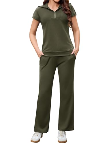 Aottori Hausanzug Damen Baumwolle Kuschelig Zweiteiler Sommer Outfits Tracksuit Kurzarm 2 teiler Freizeitanzug Jogginganzug Trainingsanzug Sport Lounge Set Elegant Loungewear Homewear Armeegrün M von Aottori