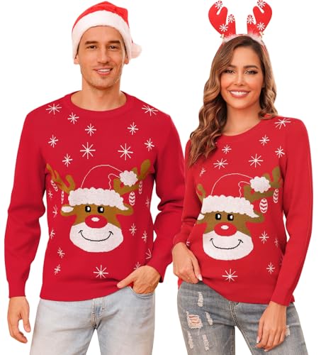 Aottori Herren Weihnachtspullover Lustig Weihnachtspulli Ugly Christmas Sweater Rundhals Strickpullover mit Reindeer Unisex Weihnachts Pullover Familie Set Herren-Rot S von Aottori
