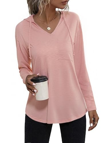 Aottori Hoodie Damen Langarm Pullover V-Ausschnitt Sweatshirt Kapuzenpullover Baumwoll Langarmshirt mit Kapuze für Frühling Herbst Rosa XXL von Aottori