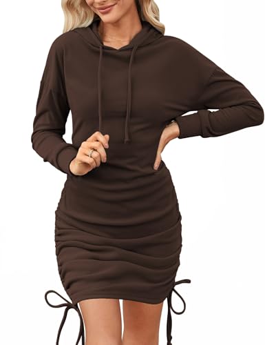 Aottori Hoodiekleid Damen Langarm Sweatshirtkleid Elegant Kapuzenkleid Herbst Pullover Kleid Casual Kapuzenpullover Lang Winterkleid Einfarbig Braun XXL von Aottori