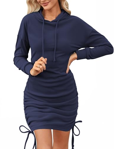 Aottori Hoodiekleid Damen Langarm Sweatshirtkleid Elegant Kapuzenkleid Herbst Pullover Kleid Casual Kapuzenpullover Lang Winterkleid Einfarbig Dunkelblau S von Aottori