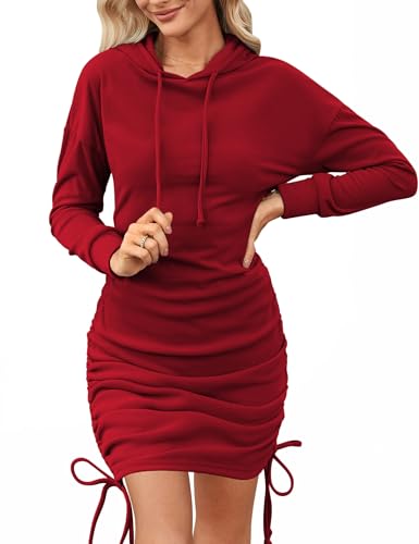 Aottori Hoodiekleid Damen Langarm Sweatshirtkleid Elegant Kapuzenkleid Herbst Pullover Kleid Casual Kapuzenpullover Lang Winterkleid Einfarbig Rot XXL von Aottori