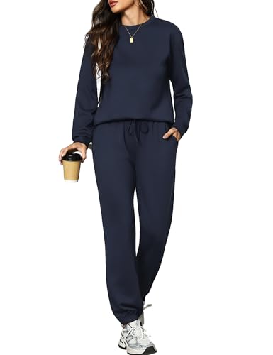 Aottori Jogginganzug Damen Rundhals Oberteil Langarm und Jogginghose Zweiteiler Trainingsanzug Baumwolle Hausanzug Sport Lounge Set für Frühling Herbst Winter Dunkelblau S von Aottori