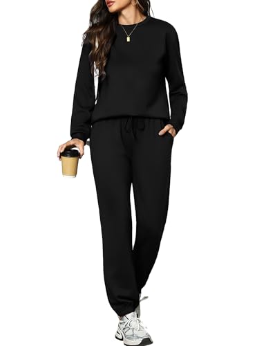 Aottori Jogginganzug Damen Rundhals Oberteil Langarm und Jogginghose Zweiteiler Trainingsanzug Baumwolle Hausanzug Sport Lounge Set für Frühling Herbst Winter Schwarz L von Aottori