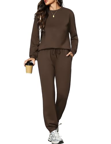 Aottori Jogginganzug Damen Rundhals Trainingsanzug Langarm Sportanzug Freizeitanzug Einfarbig Zweiteiler Hausanzug Lounge Set Sweatshirt und Jogginghose mit Taschen Braun L von Aottori
