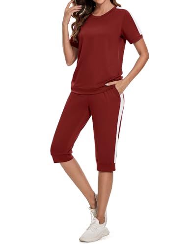 Aottori Jogginganzug Damen Set Rundhals Kurze Ärmel Trainingsanzug Zweiteiler Elegant Hausanzug Freizeitanzug Sportanzug 2 Teiler Sommer Outfits Weinrot M von Aottori