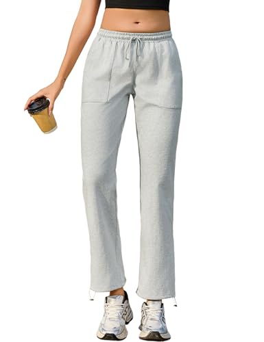 Aottori Jogginghose Damen Baumwolle Freizeithose Yogahose Weites Bein Aktive Freizeit Kordelzug Lose Lounge Pants Breites Bein Hausehose Sporthose mit Taschen Hellgrau M von Aottori