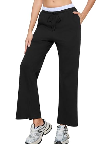 Aottori Jogginghose Damen Baumwolle Sporthose Lang Traininghose Breites Bein Sweatpants Lose Laufhose Bequeme Straighthose mit Taschen Damenhose für Sport Freizeit Schwarz M von Aottori