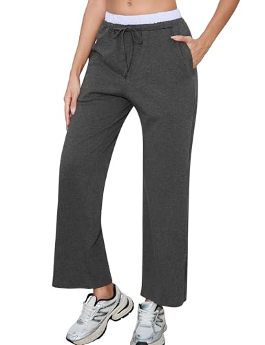 Aottori Jogginghose Damen Lang Sporthose Baumwolle Traininghose mit Elastischem Bund Freizeithose High Waist Yogahose Weites Bein Hose mit Taschen Dunkelgrau XL von Aottori