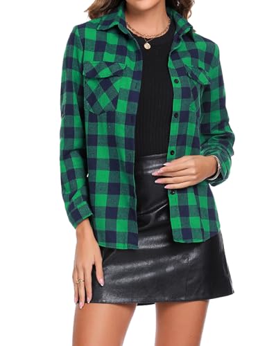 Aottori Karierte Bluse Damen Hemd Baumwolle Kariertes Karohemd Button-down Flanellhemd Holzfällerhemd Boyfriend Langarmshirt Hemdbluse Plaid Shirt Tunika Tops Grün M von Aottori