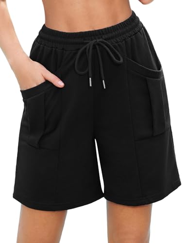 Aottori Kurze Hose Damen Sommer Bermuda Shorts Baumwolle Lounge Schlafshorts Bequeme Sweatshorts Hohe Taille Bermuda Shorts mit Taschen Schwarz XL von Aottori