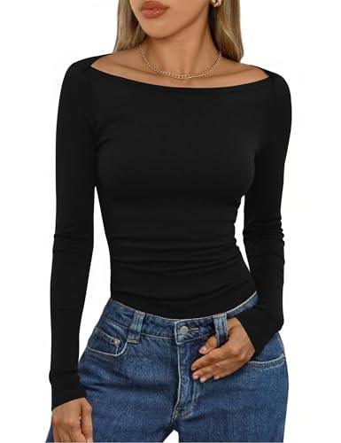 Aottori Langarmshirt Baumwolle Damen U-Boot-Ausschnitt Gerippt Elegant Stretch Oberteile Slim Fit Pullover T-Shirt RIPP Einfarbig Basic Top Schwarz L von Aottori