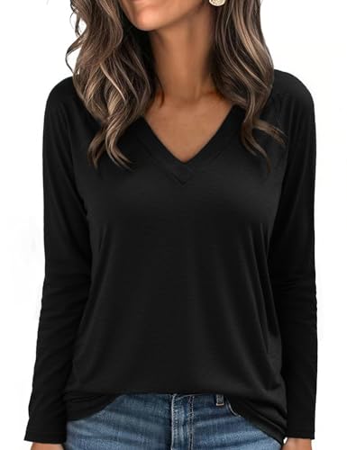 Aottori Langarmshirt Baumwolle Damen V-Ausschnitt Elegant Stretch Oberteile Lose Pullover T-Shirt Einfarbig Basic Top Frühling Herbst Schwarz XXL von Aottori
