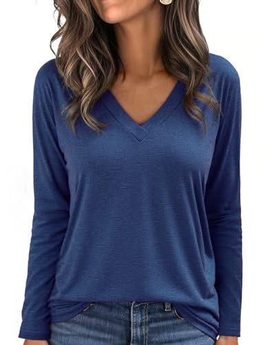 Aottori Langarmshirt Damen Baumwolle Elegant Stretch Oberteile Lose Pullover T-Shirt Einfarbig Basic Top Frühling Herbst Marine M von Aottori