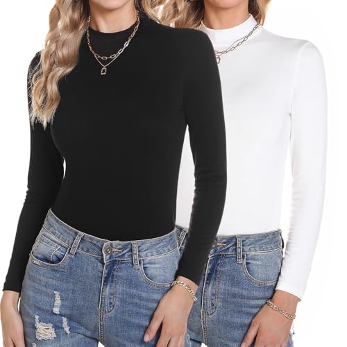 Aottori Langarmshirt Damen Baumwolle Rollkragenshirt 2 Pack Slim Fit Shirt Stehkragen Unterziehrolli Longsleeve Stretch Oberteil Elegant Basic Top Schwarz+Weiß XXL von Aottori