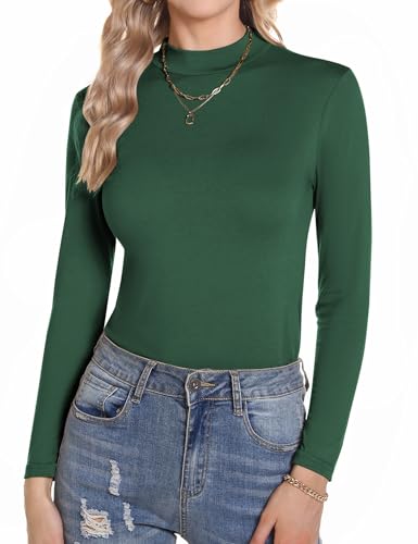Aottori Langarmshirt Damen Baumwolle Rollkragenshirt Slim Fit Shirt Stehkragen Unterziehrolli Langarm Stretch Thermo Oberteil Elegant Basic Top Grün M von Aottori