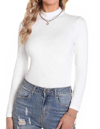 Aottori Langarmshirt Damen Baumwolle Rollkragenshirt Slim Fit Shirt Stehkragen Unterziehrolli Langarm Stretch Oberteil Elegant Basic Top für Frühling Herbst Weiß L von Aottori