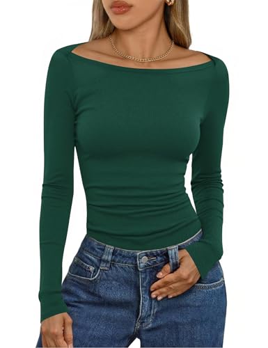 Aottori Langarmshirt Damen Baumwolle mit U-Boot-Ausschnitt Gerippt Elegant Stretch Oberteile Slim Fit Pullover T-Shirt Einfarbig Basic Top Grün XL von Aottori