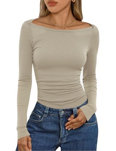 Aottori Langarmshirt Damen Baumwolle mit U-Boot-Ausschnitt Gerippt Elegant Stretch Oberteile Slim Fit Pullover T-Shirt Einfarbig Basic Top Khaki XXL von Aottori