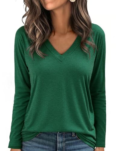 Aottori Langarmshirt Damen Baumwolle mit V-Ausschnitt Elegant Stretch Oberteile Lose Pullover T-Shirt Einfarbig Basic Top Frühling Herbst Grün S von Aottori