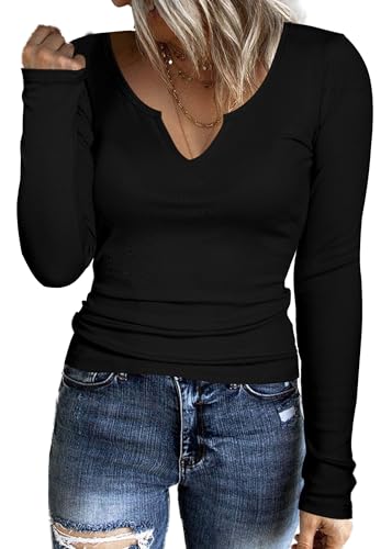 Aottori Langarmshirt Damen Elegant Oberteile Langarm Slim Fit Pullover V Ausschnitt T-Shirt Baumwolle Casual Basic Top Eng Stretch Schwarz XL von Aottori