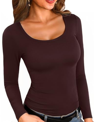 Aottori Langarmshirt Damen Gerippt Oberteil Fleece Longsleeve Thermounterwäsche Warm Pullover Stretch Rundhals Skiunterwäsche Wandershirt Braun XS von Aottori