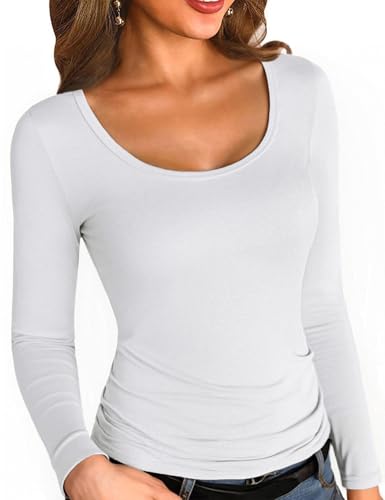 Aottori Langarmshirt Damen Gerippt Oberteil Fleece Longsleeve Thermounterwäsche Warm Pullover Stretch Rundhals Skiunterwäsche Wandershirt Weiß XS von Aottori