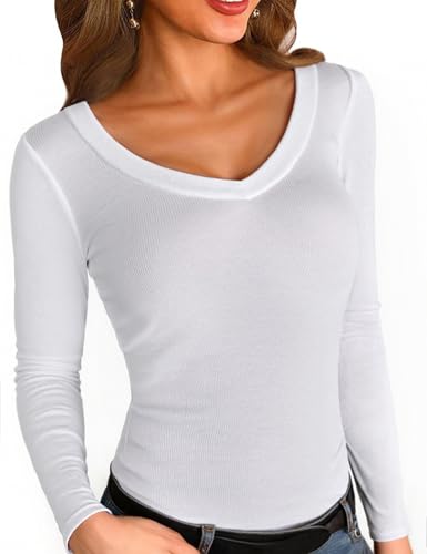 Aottori Langarmshirt Damen Gerippt Oberteil Fleece Longsleeve Thermounterwäsche Warm Pullover Stretch V-Ausschnitt Skiunterwäsche Wandershirt Weiß M von Aottori