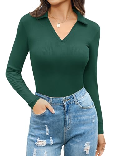Aottori Langarmshirt Damen Polo V Ausschnitt Slim Fit Pullover Gerippt Elegant Oberteile Stretch Baumwolle T-Shirt Langarm Casual Basic Tops Grün L von Aottori