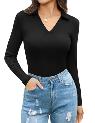 Aottori Langarmshirt Damen Polo V Ausschnitt Slim Fit Pullover Gerippt Elegant Oberteile Stretch Baumwolle T-Shirt Langarm Casual Basic Tops Schwarz XL von Aottori