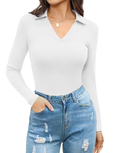 Aottori Langarmshirt Damen Polo V Ausschnitt Slim Fit Pullover Gerippt Elegant Oberteile Stretch Baumwolle T-Shirt Langarm Casual Basic Tops Weiß XL von Aottori