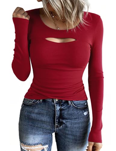 Aottori Langarmshirt Damen Rundhals Slim Fit Pullover Gerippt Elegant Oberteile Baumwolle Stretch T-Shirt Langarm Casual Basic Tops Rot M von Aottori