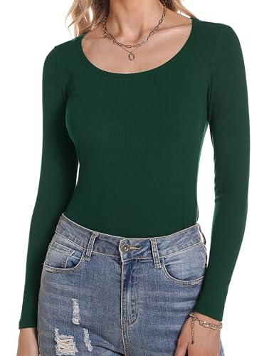 Aottori Langarmshirt Damen Rundhals Stretch Oberteile Langarm Tshirts Elegant Unterziehshirt Frauen Basic Tops Grün XL von Aottori