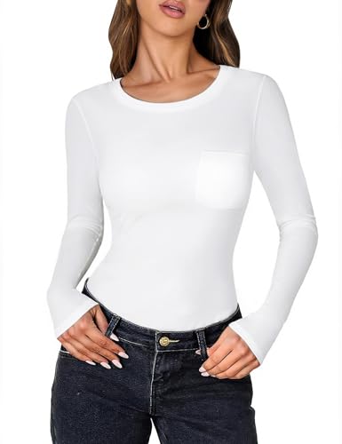 Aottori Langarmshirt Damen Rundhals mit Tasche Oberteile Elegant Slim Fit Shirt Langarm Weich Stretch Unterziehshirt Einfarbig Basic Tops für Alltag Büro Freizeit Weiß L von Aottori