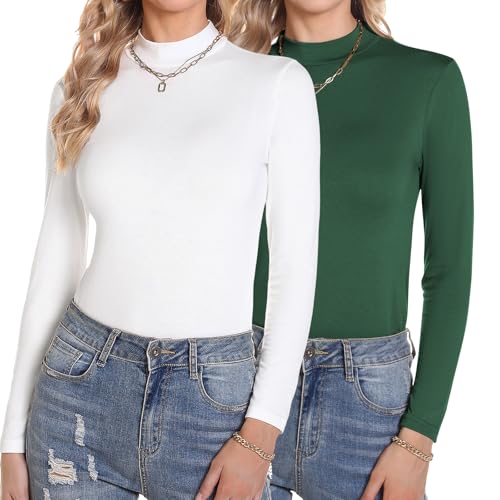 Aottori Langarmshirt Damen Set Baumwolle Rollkragenpullover Slim Fit Thermo Oberteil Elegant Thermounterwäsche Stretch Warm Unterziehrolli Turtleneck 2er-Pack Weiß+Grün XXL von Aottori