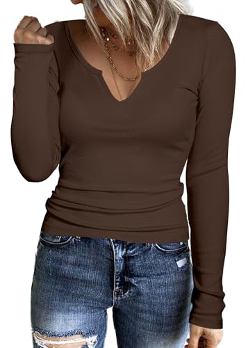 Aottori Langarmshirt Damen Slim Fit Oberteile Langarm Elegant Pullover V Ausschnitt Stretch T-Shirt RIPP Baumwolle Basic Tops Braun XL von Aottori