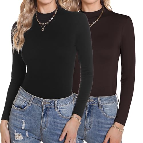 Aottori Langarmshirt Damen Stehkragen Oberteile Eng Elegant Rollkragenpullover Langarm T-Shirt Einfarbig Tops Slim Fit Wandershirt Casual 2er-Pack Schwarz+Braun L von Aottori