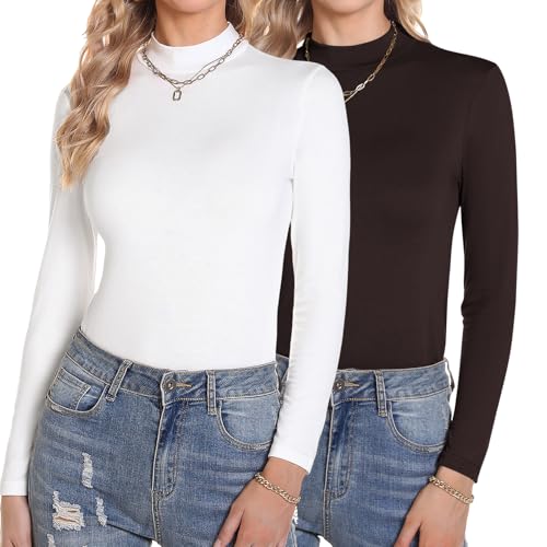 Aottori Langarmshirt Damen Stehkragen Oberteile Eng Elegant Rollkragenpullover Langarm T-Shirt Einfarbig Tops Slim Fit Wandershirt Casual 2er-Pack Weiß+Braun M von Aottori